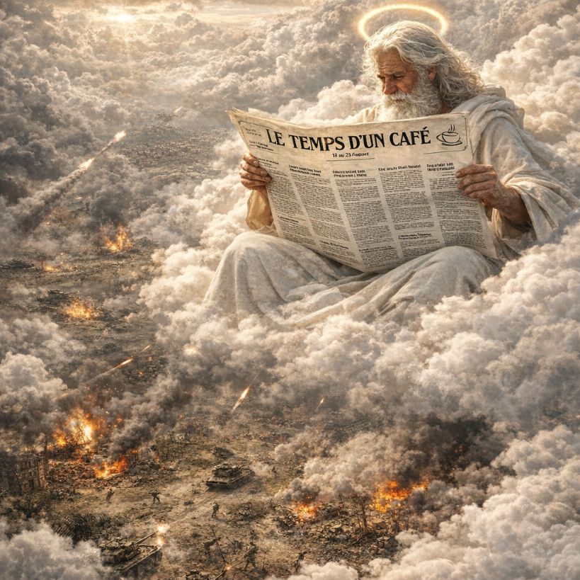Dieu lisant le journal "Le temps d'un café" pendant que les guerres dégénèrent sur Terre
