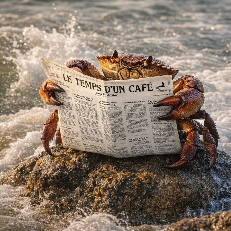 Crabe lisant le journal "Le temps d'un café" sur son rocher