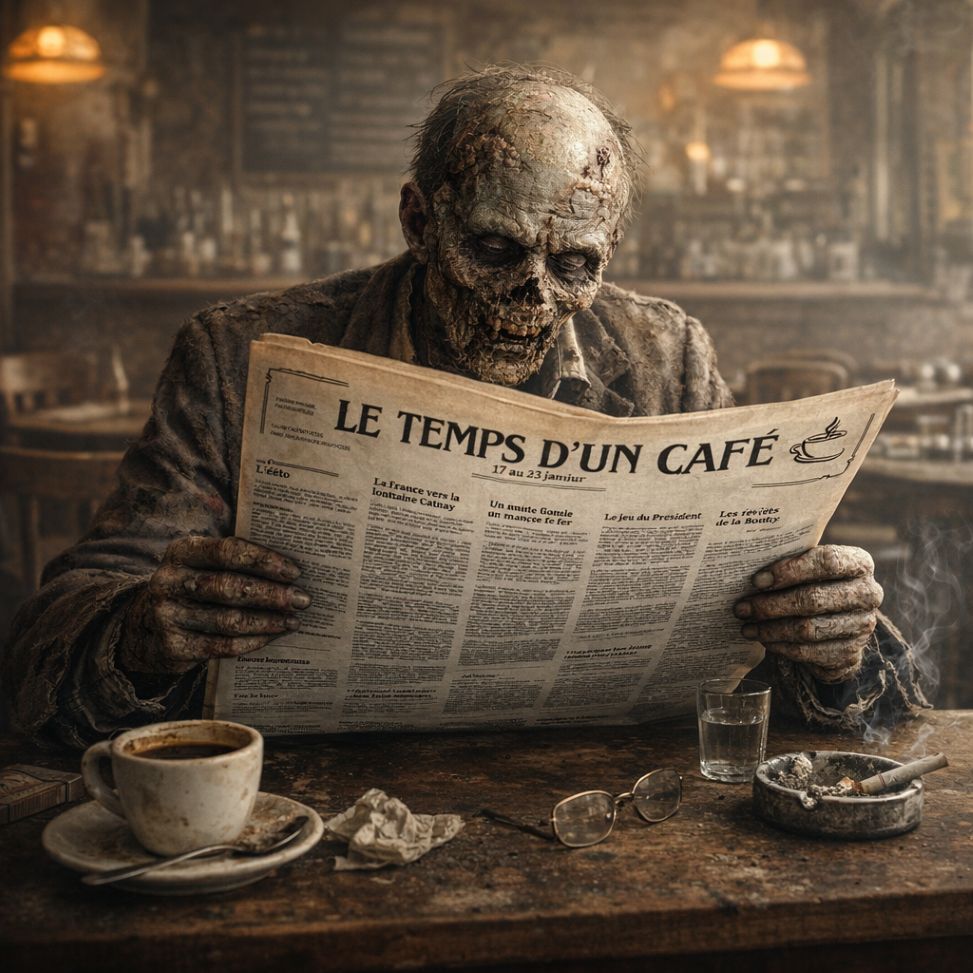 Mort-vivant lisant le journal "Le temps d'un café" à une table de café