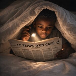 Garçon lisant le journal "Le temps d'un café" en cachette sous ses draps