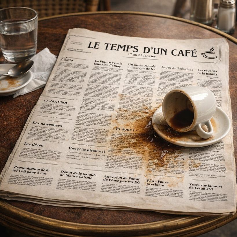Café renversé sur un journal "Le temps d'un café"