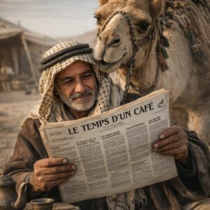 Bédouin lisant le journal "Le temps d'un café" en compagnie de son chameau