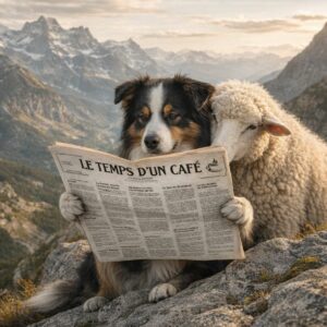 Un chien de berger et un mouton lisent le journal "Le temps d'un café"