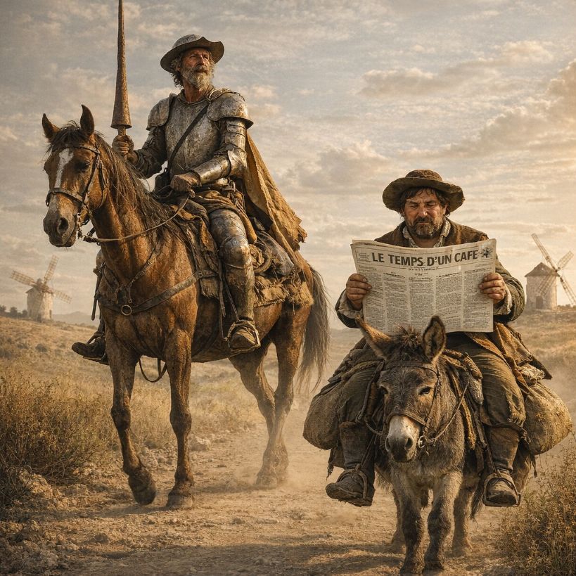 Don Quichotte s'avance accompagné de son serviteur qui lit le journal "Le temps d'un café" sur son âne