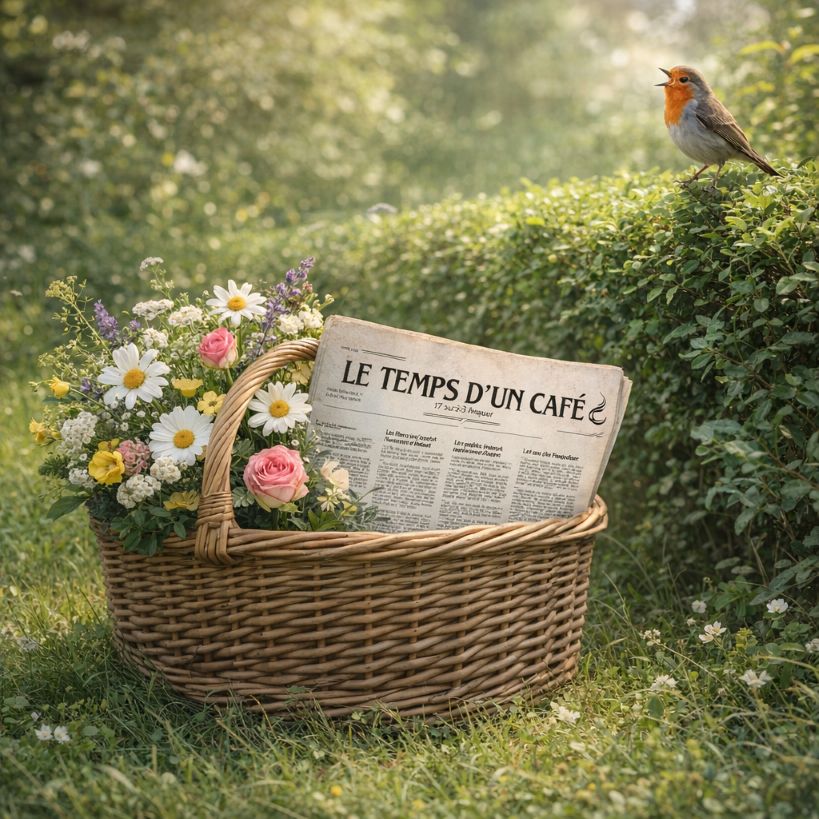 Journal "Le temps d'un café" dans un panier de fleur