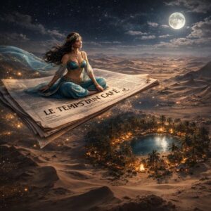 Shéhérazade survolant une oasis sur le journal volant "Le temps d'un café"