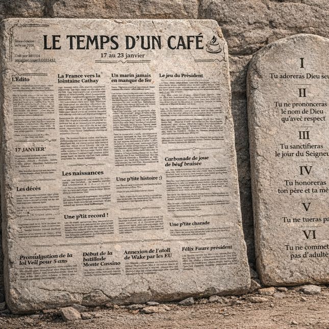 Le journal "Le temps d'un café" gravé sur une tablette de pierre à côté des Dix Commandements