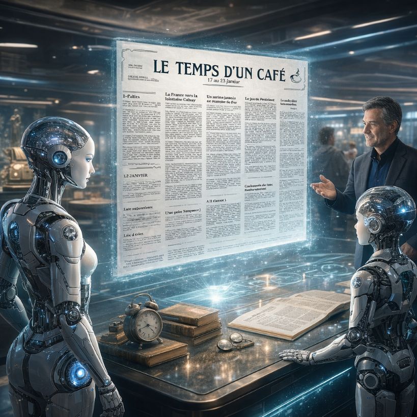 Robots visitant un musée humain et lisant la projection du journal "Le temps d'un café"