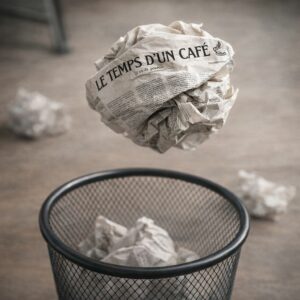 Journal "Le temps d'un café" roulé en boule et jeté dans une corbeille