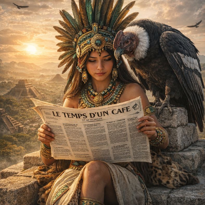 Prêtresse aztèque lisant le journal "Le temps d'un café" en compagnie d'un condor