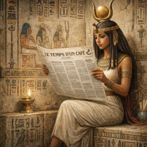 Déesse égyptienne lisant le journal "Le temps d'un café"