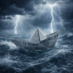 Bateau en papier journal "Le temps d'un café" dans une tempête océanique