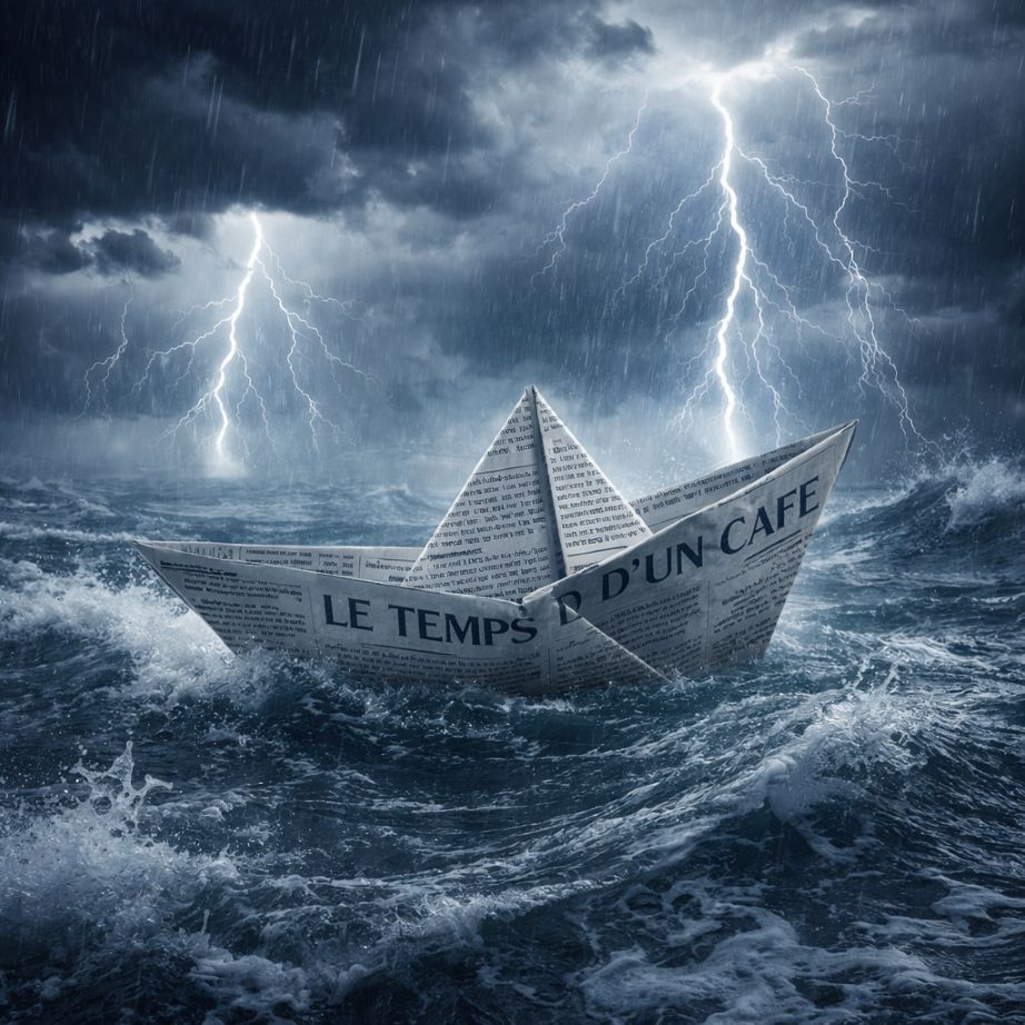 Bateau en papier journal "Le temps d'un café" dans une tempête océanique