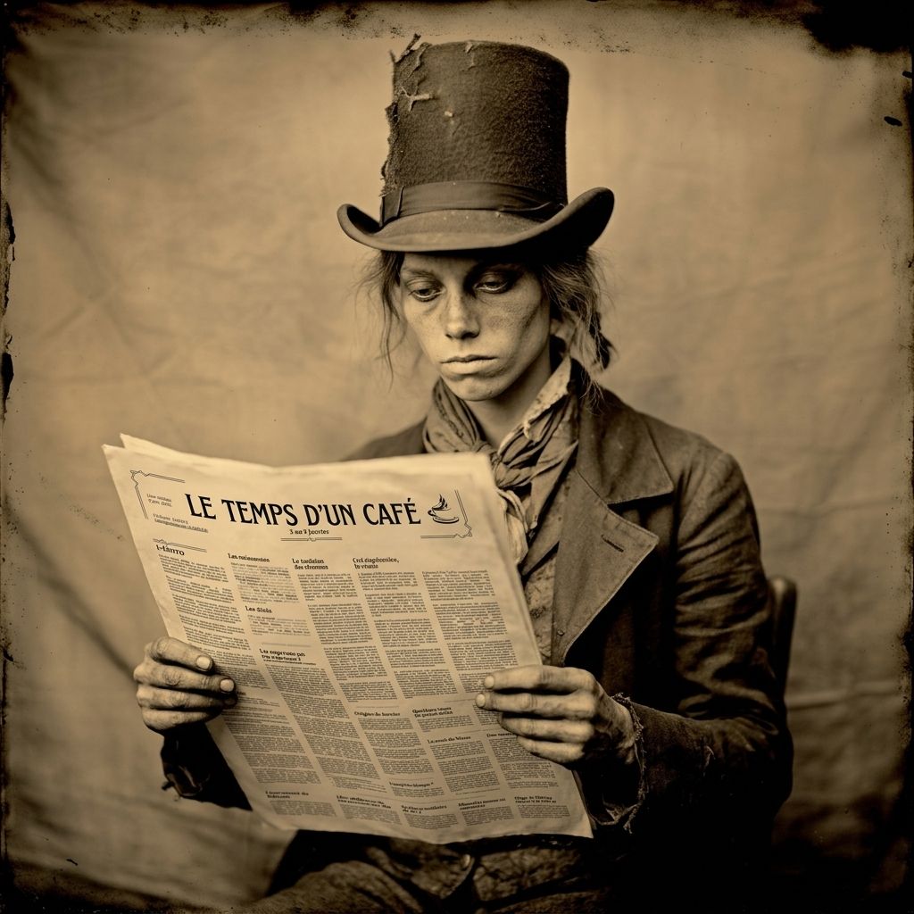 Daguerréotype (IA) d'une femme des années 1900 lisant le journal "Le temps d'un café"