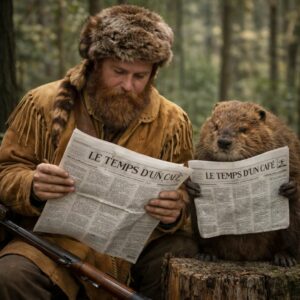 Trappeur américain lisant le journal "Le temps d'un café" en compagnie d'un castor