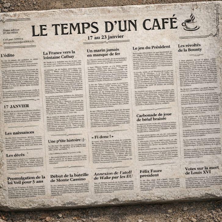 Journal "Le temps d'un café" gravé sur une tablette de pierre