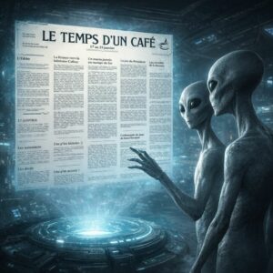 Deux extraterrestres lisant le journal "Le temps d'un café"