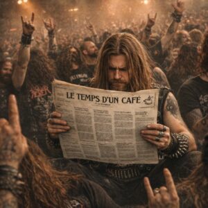 Métaleux lisant le journal "Le temps d'un café" en plein concert