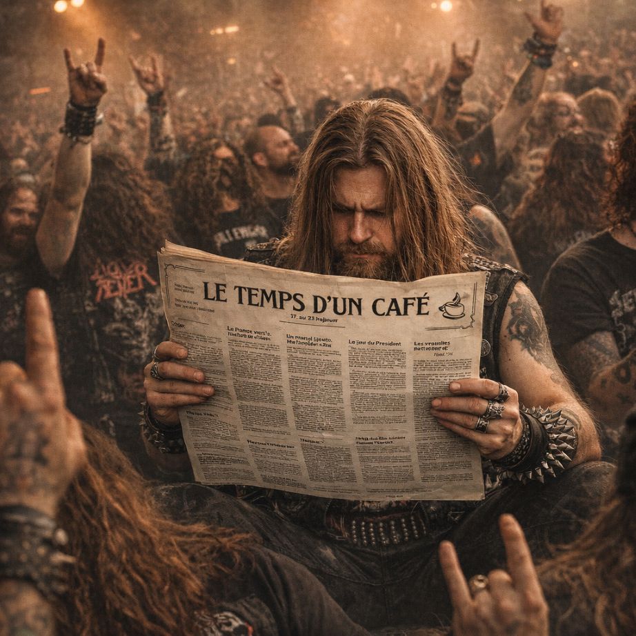 Métaleux lisant le journal "Le temps d'un café" en plein concert