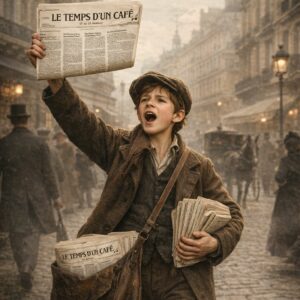 Petit vendeur du journal "Le temps d'un café" dans le Paris 1900