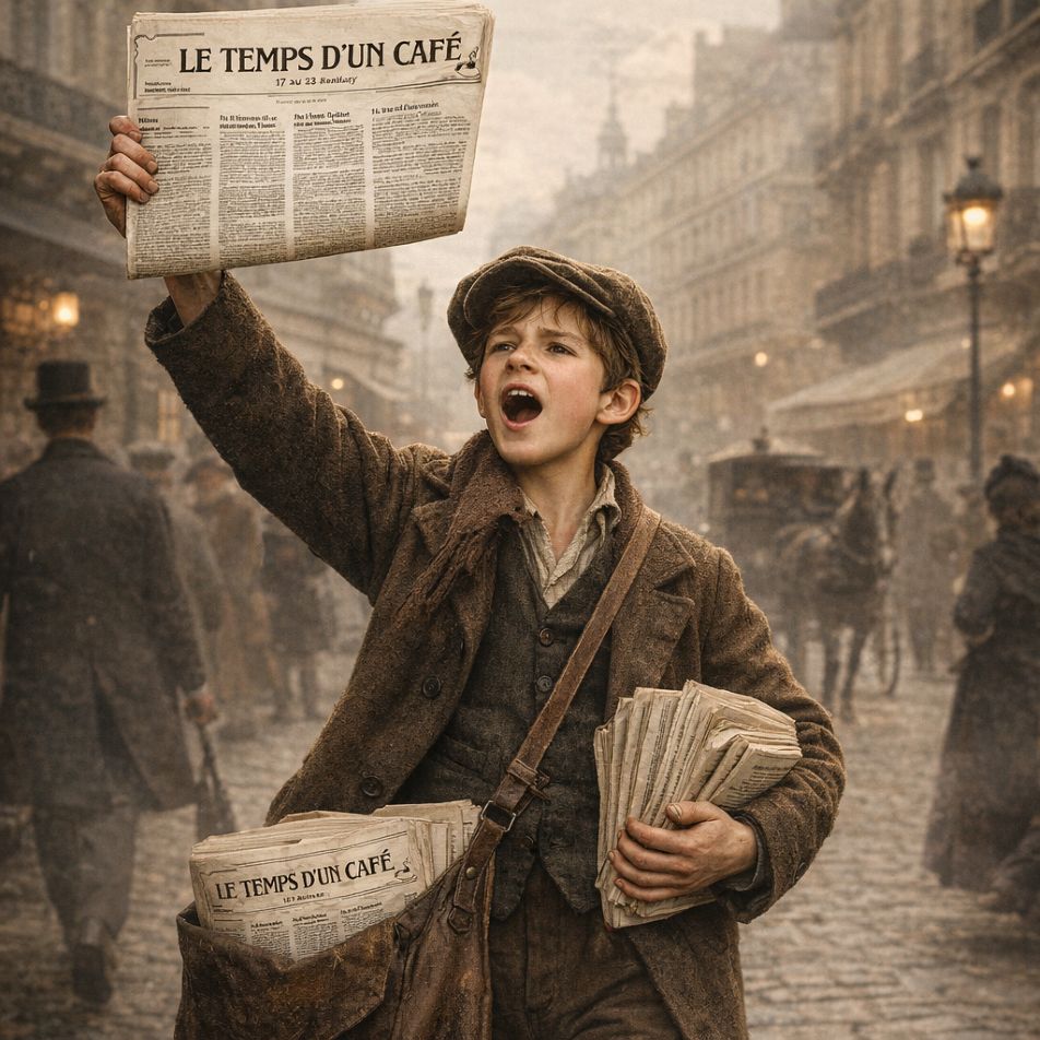 Petit vendeur du journal "Le temps d'un café" dans le Paris 1900