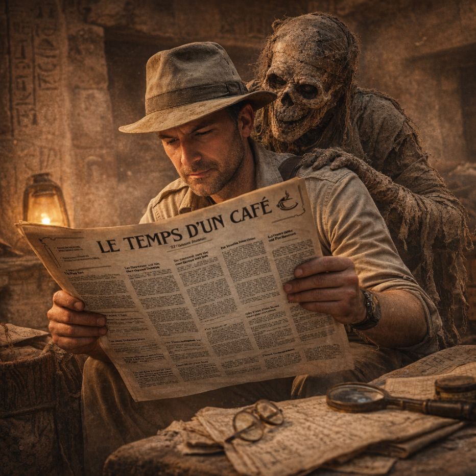 Explorateur lisant le journal "Le temps d'un café", une momie lit par dessus son épaule
