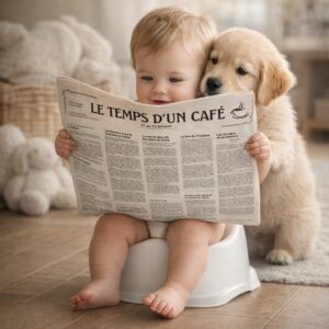 Enfant lisant le journal "Le temps d'un café" sur le pot avec un chiot