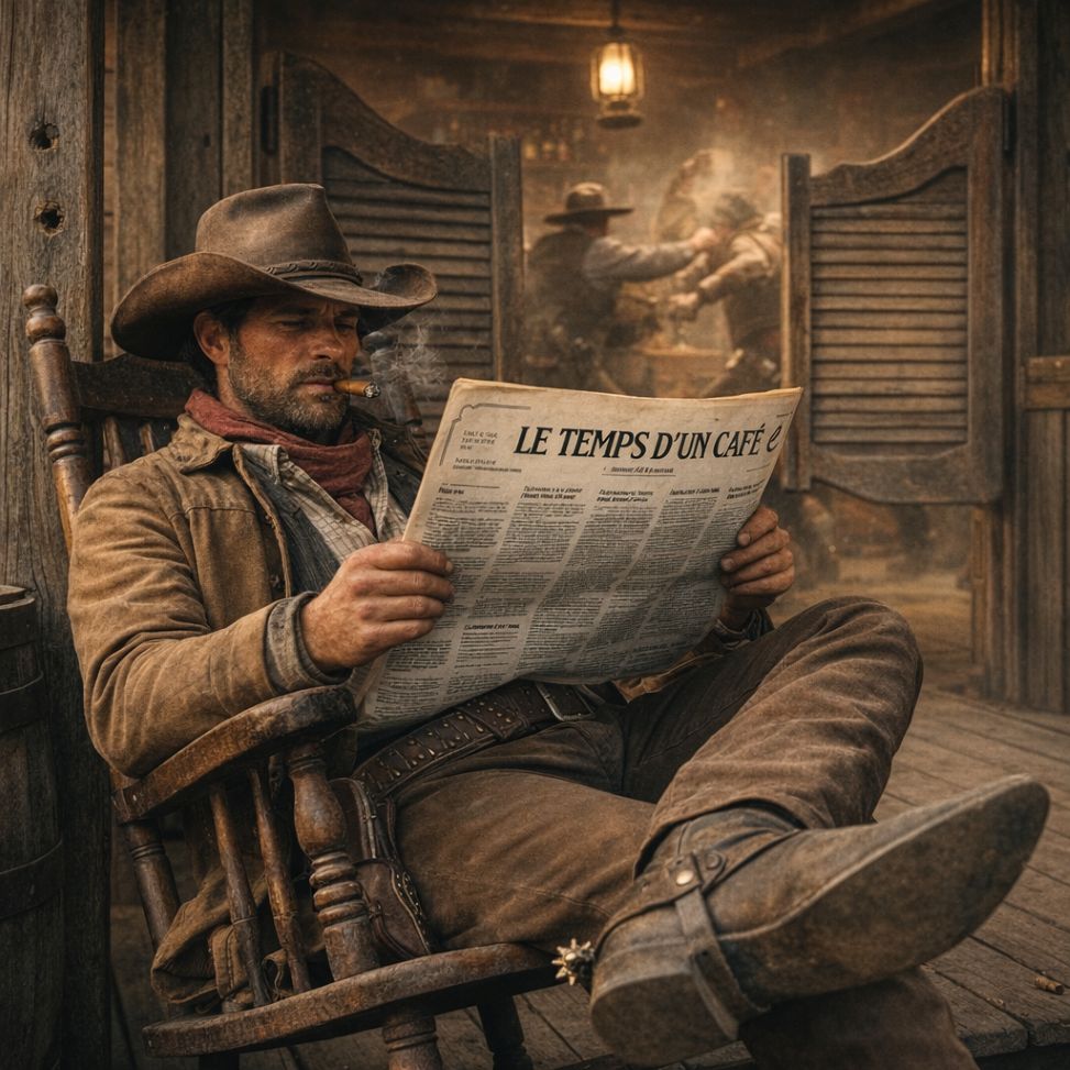 Cow boy lisant le journal "Le temps d'un café" devant un saloon où à lieu une bagarre