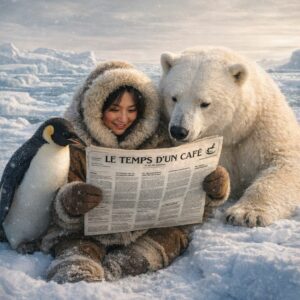 Une jeune inuit lisant le journal "Le temps d'un café" avec un manchot et un ours blanc