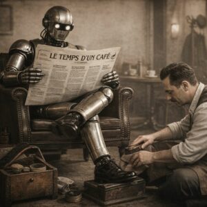 Robot lisant le journal "Le temps d'un café" pendant qu'un homme cire ses chaussures