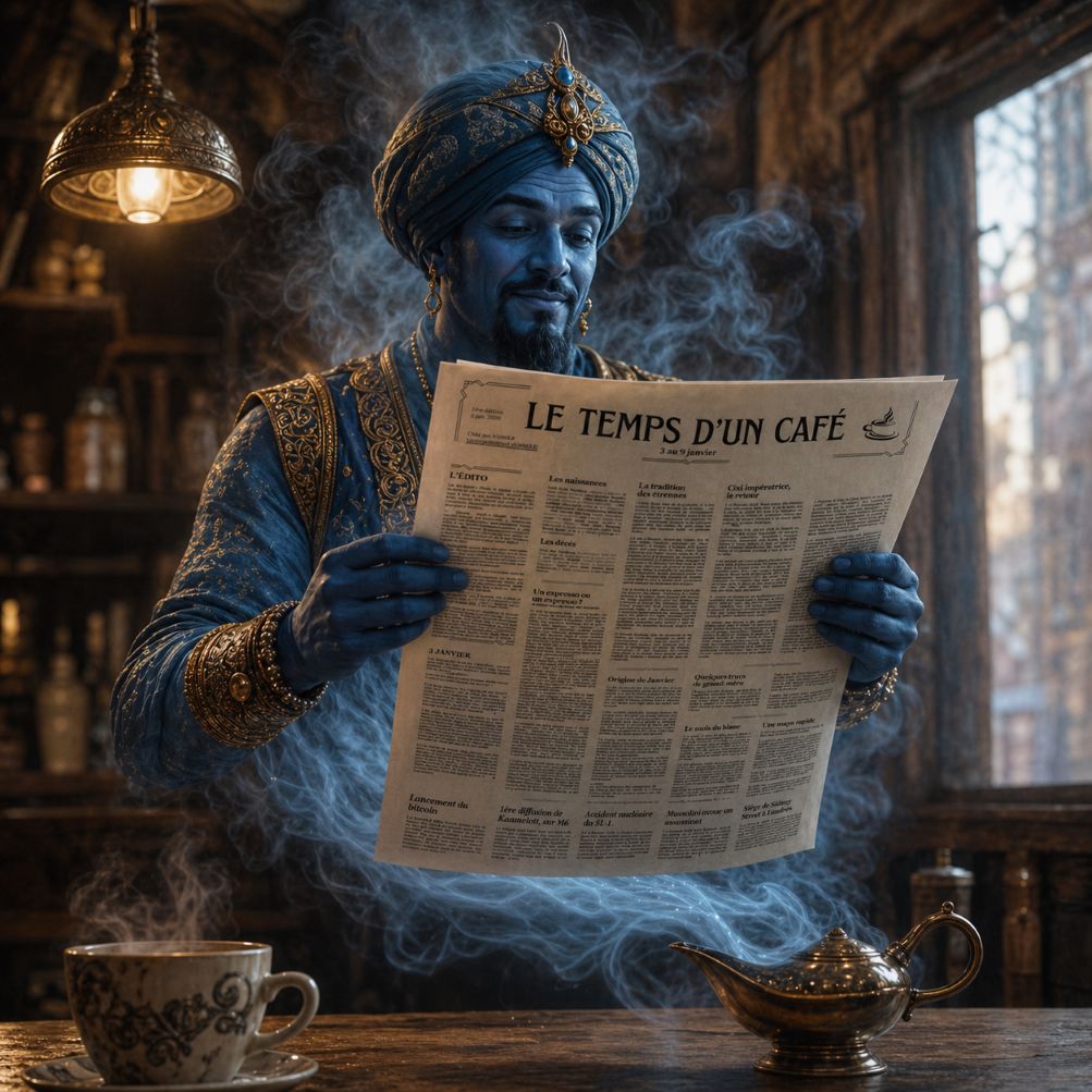 Génie sortant de sa lampe en lisant le journal "Le temps d'un café"