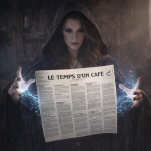 Magicienne faisant léviter le journal "Le temps d'un café"