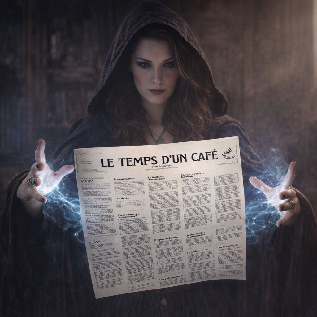 Magicienne faisant léviter le journal "Le temps d'un café"