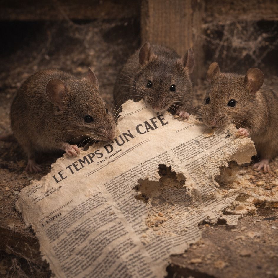 Souris grignotant le journal "Le temps d'un café"