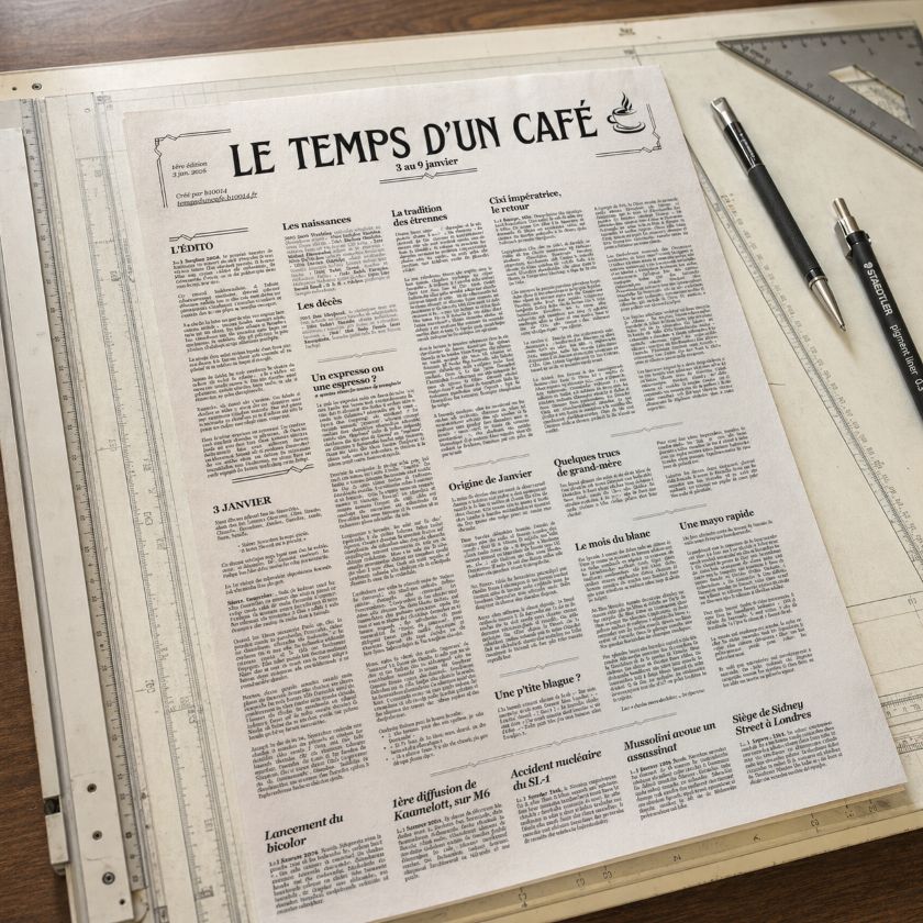 Journal "Le temps d'un café" posé sur une table à dessin