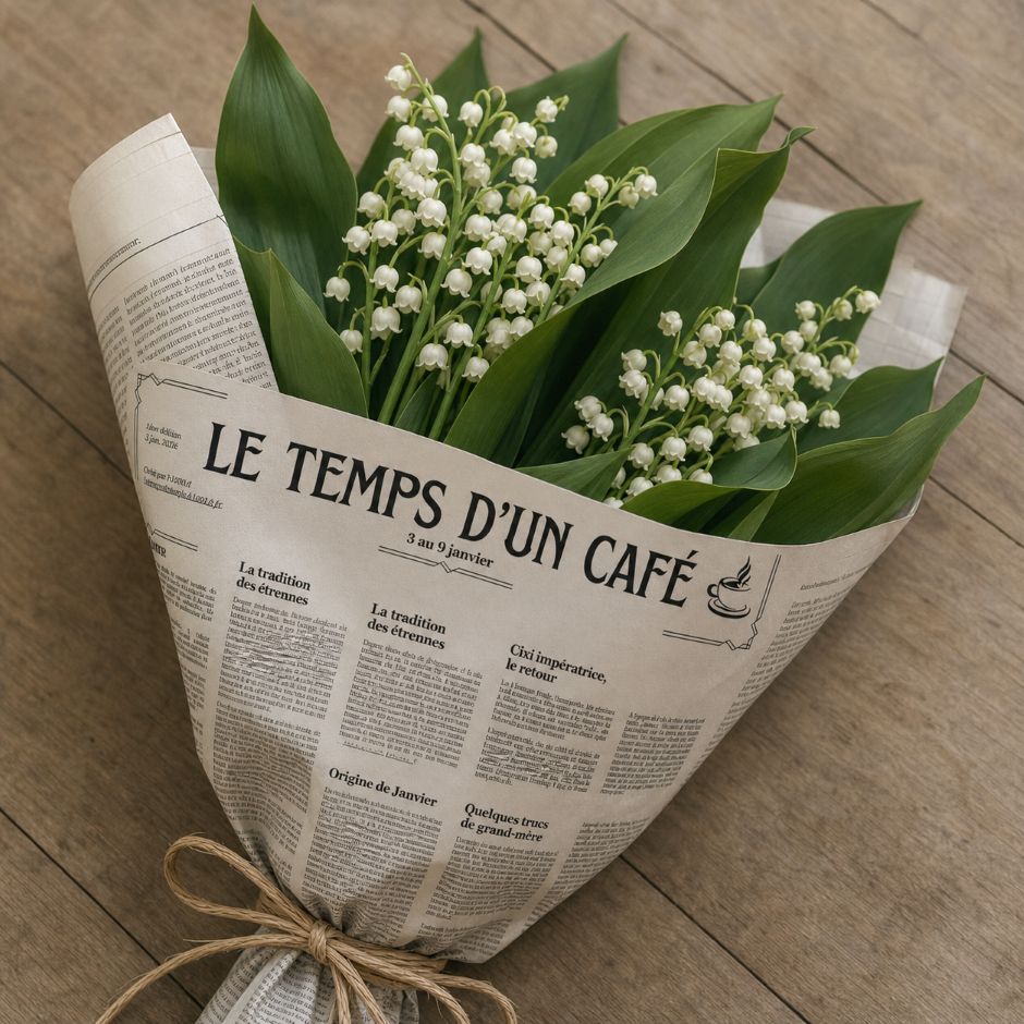 Bouquet de muguet emballé dans le journal "Le temps d'un café"