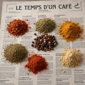 Tas d'épices disposés sur le journal "Le temps d'un café"
