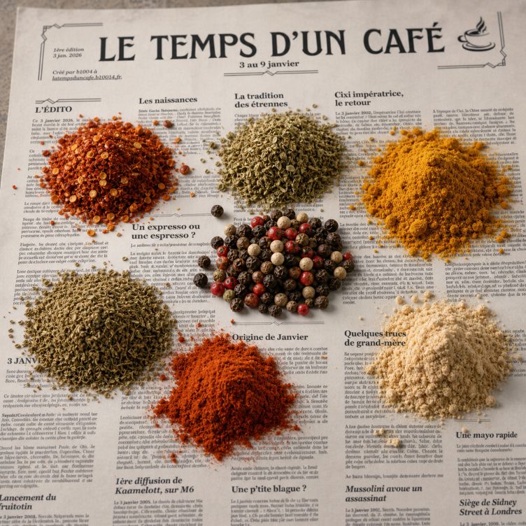 Tas d'épices disposés sur le journal "Le temps d'un café"