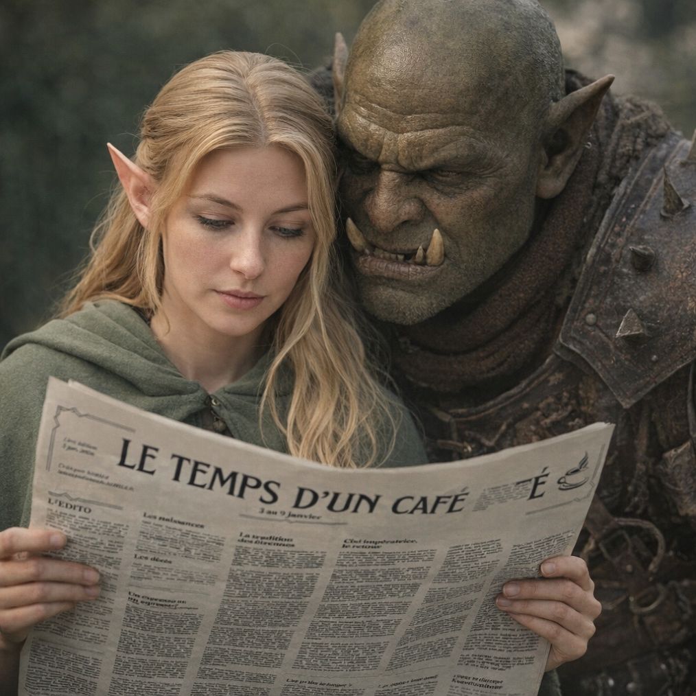 Une elfe et un orc lisant le journal "Le temps d'un café"