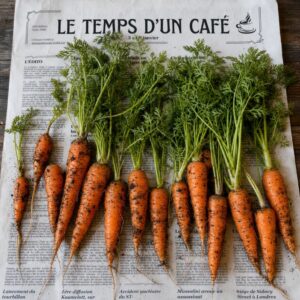 Carottes déposées sur le journal "Le temps d'un café"
