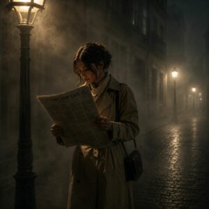 Femme lisant le journal "Le temps d'un café" sous un lampadaire dans une rue embrumée
