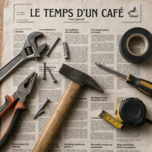 Outils posés sur le journal "Le temps d'un café"