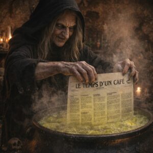 Sorcière plongeant le journal "Le temps d'un café" dans un chaudron