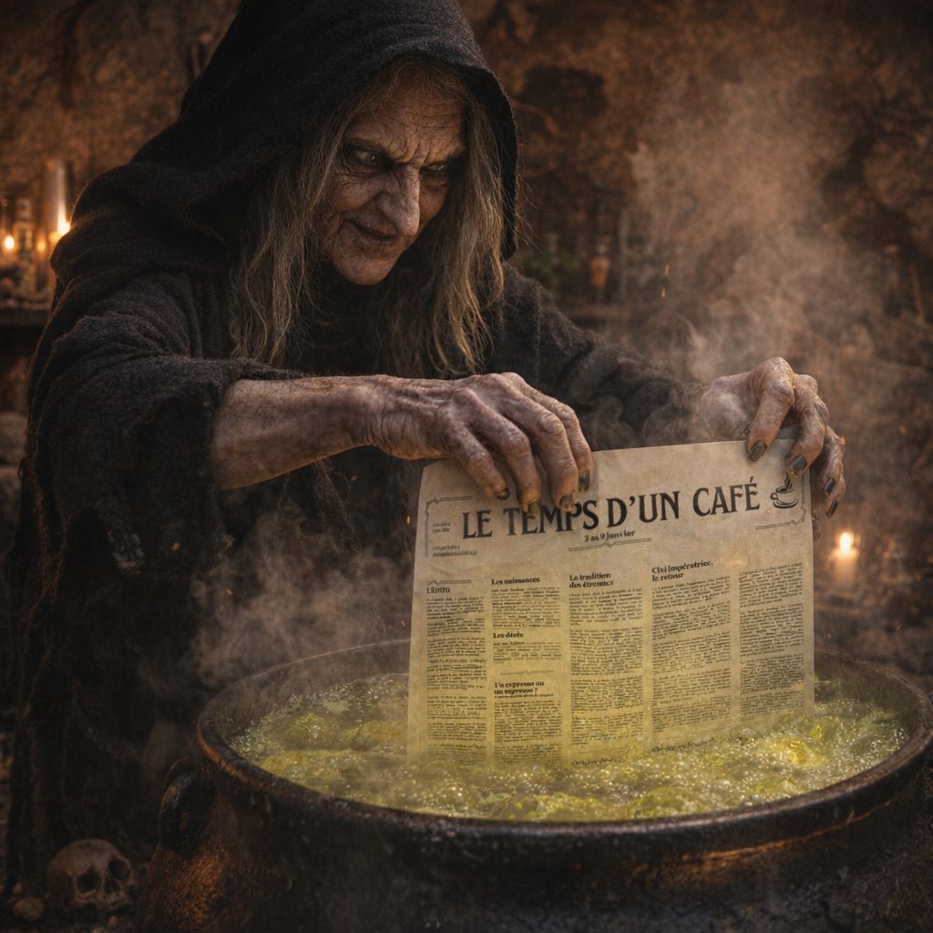 Sorcière plongeant le journal "Le temps d'un café" dans un chaudron