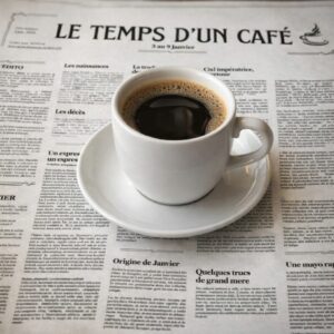Tasse de café posée sur le journal "Le temps d'un café"