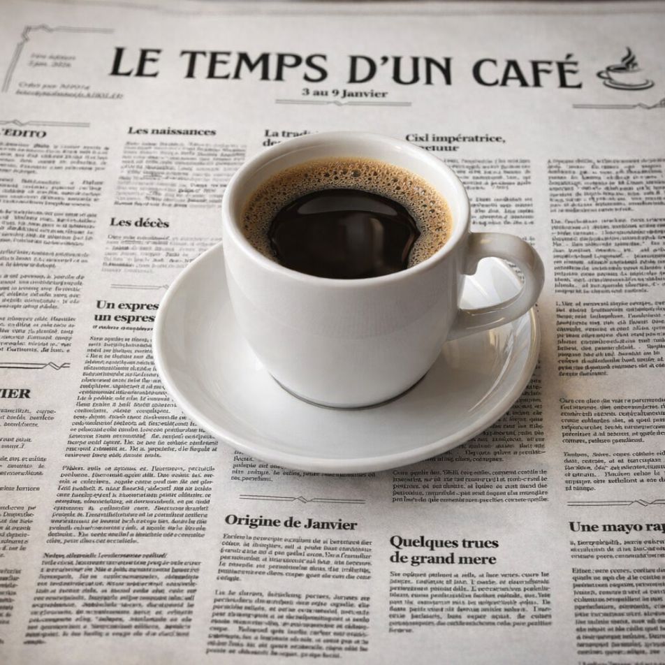 Tasse de café posée sur le journal "Le temps d'un café"