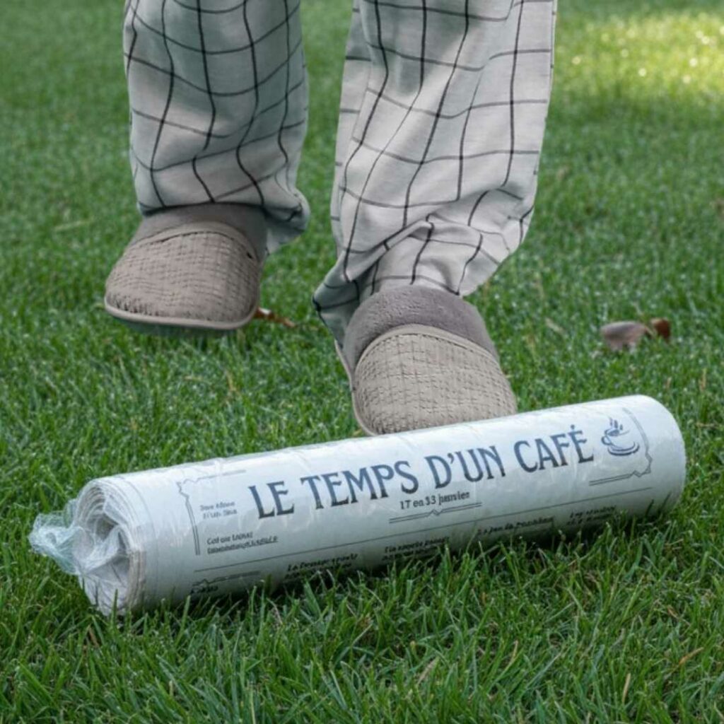 Homme en pyjama ramassant sur la pelouse son journal "Le temps d'un café"