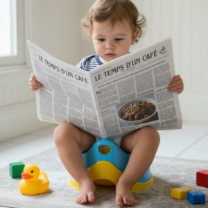 Enfant lisant le journal "Le temps d'un café" sur la pot