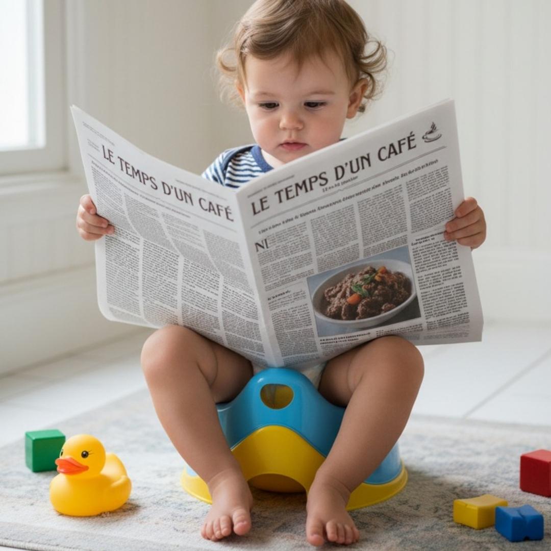 Enfant lisant le journal "Le temps d'un café" sur la pot