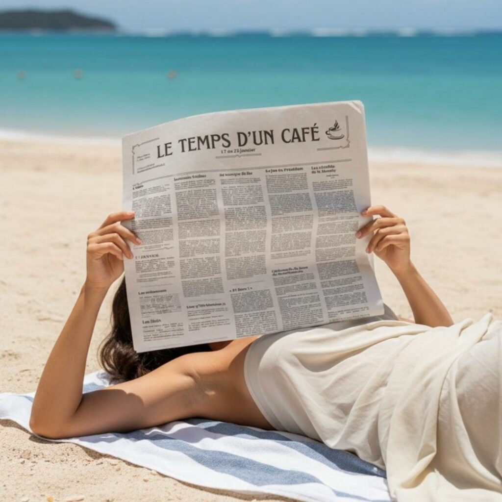 Femme sur la plage lisant le journal "Le temps d'un café"